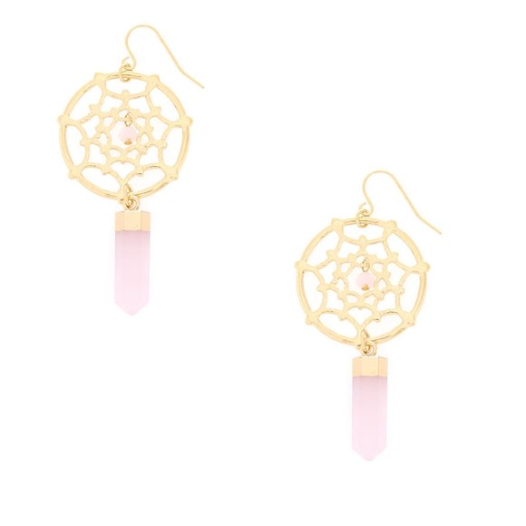 Claire's Jewelry - Rose Quartz Crystal Gold Dreamcatcher Earrings NEW